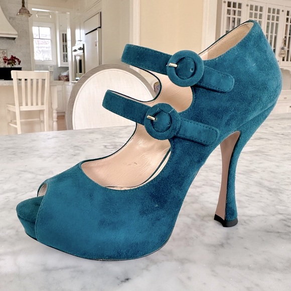 Prada suede teal double strap shoe 37 - Picture 3 of 14